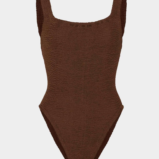sqaure neck crinkle metallic chocolate swimsuit from hunza g