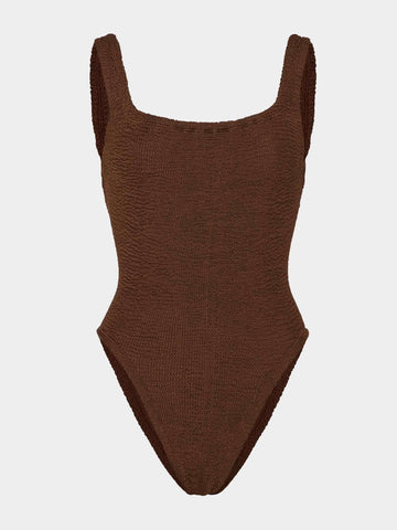 sqaure neck crinkle metallic chocolate swimsuit from hunza g