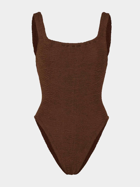 sqaure neck crinkle metallic chocolate swimsuit from hunza g