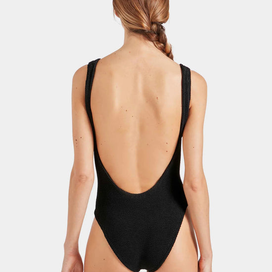 sqaure neck crinkle black swimsuit from hunza g rear view