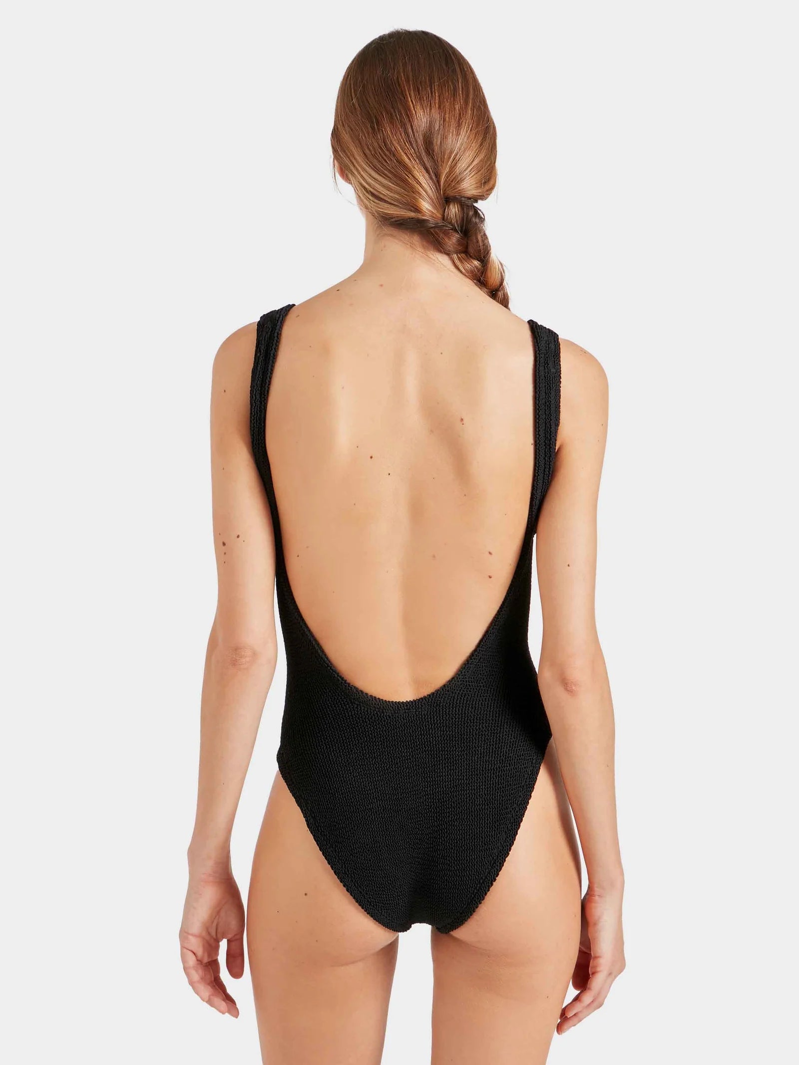 sqaure neck crinkle black swimsuit from hunza g rear view