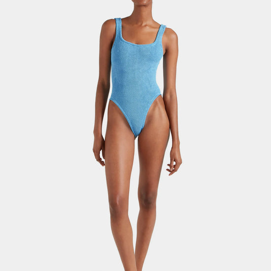 sqaure neck crinkle sky blue swimsuit from hunza g model shot