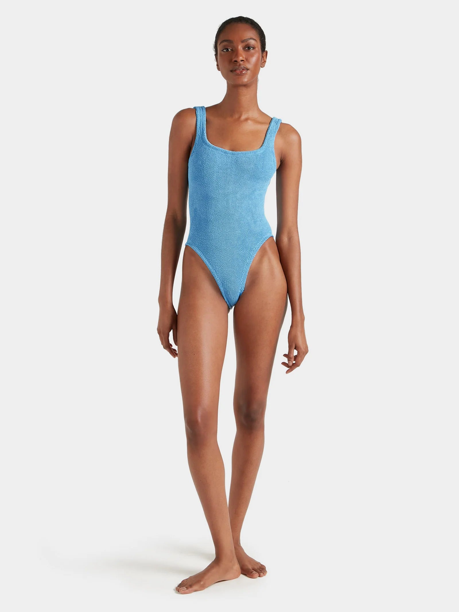 sqaure neck crinkle sky blue swimsuit from hunza g model shot