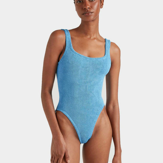 sqaure neck crinkle sky blue swimsuit from hunza g model shot