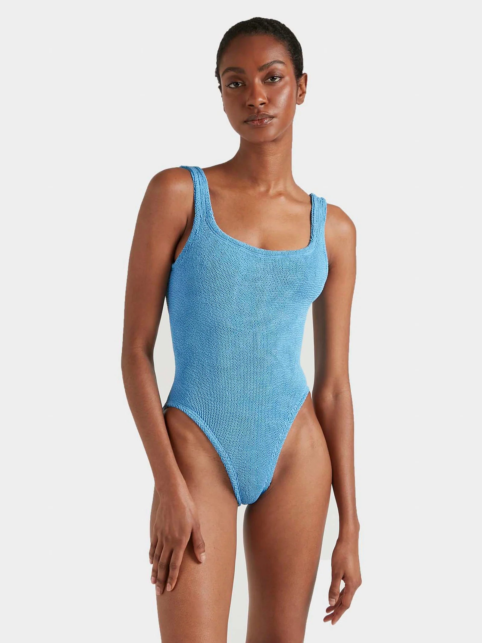 sqaure neck crinkle sky blue swimsuit from hunza g model shot