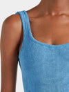 sqaure neck crinkle sky blue swimsuit from hunza g close up