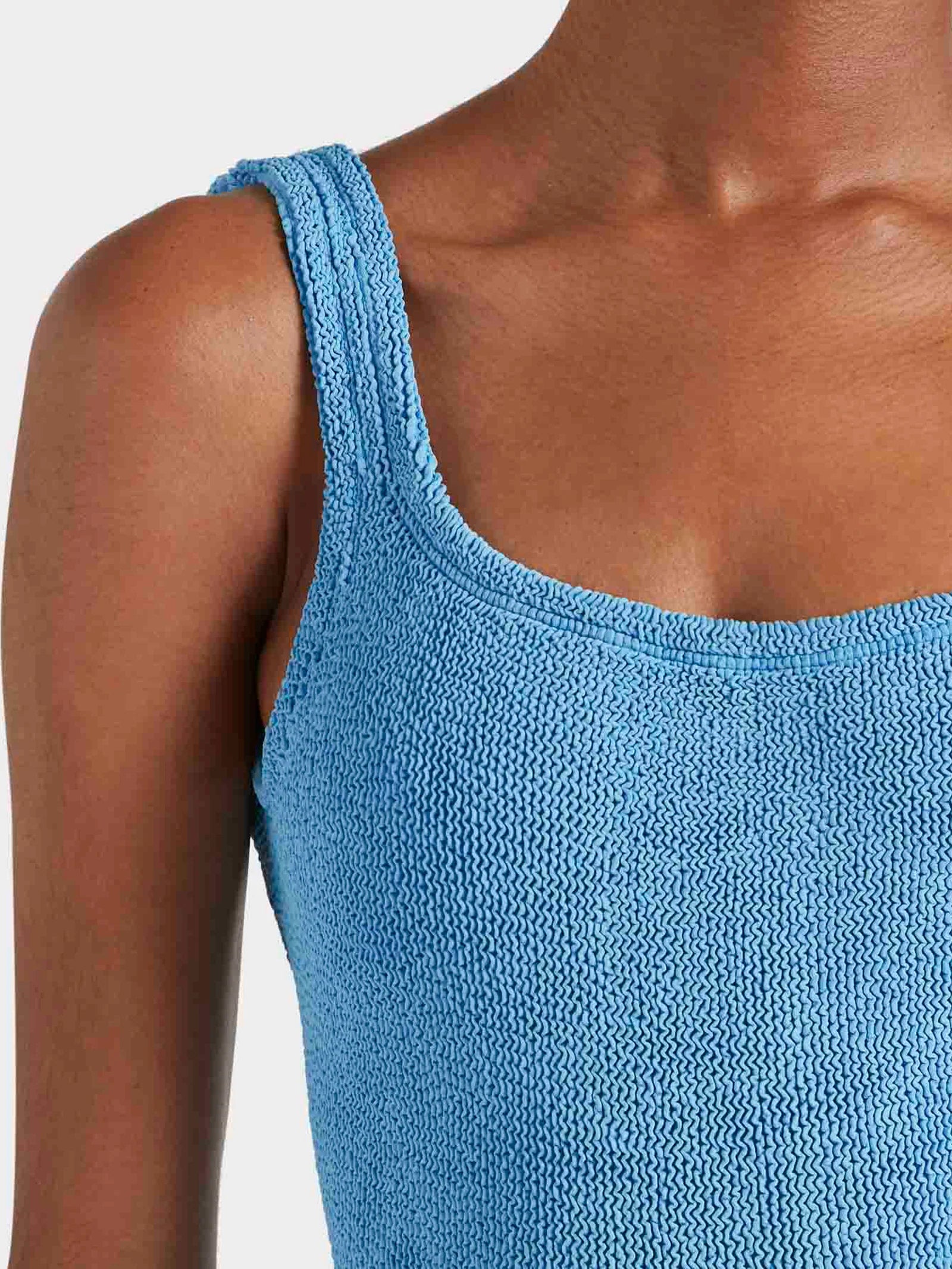 sqaure neck crinkle sky blue swimsuit from hunza g close up