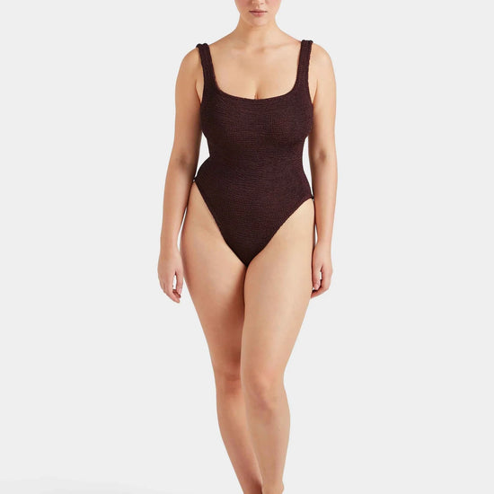 sqaure neck crinkle metallic chocolate swimsuit from hunza g model shot