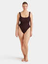 sqaure neck crinkle metallic chocolate swimsuit from hunza g model shot