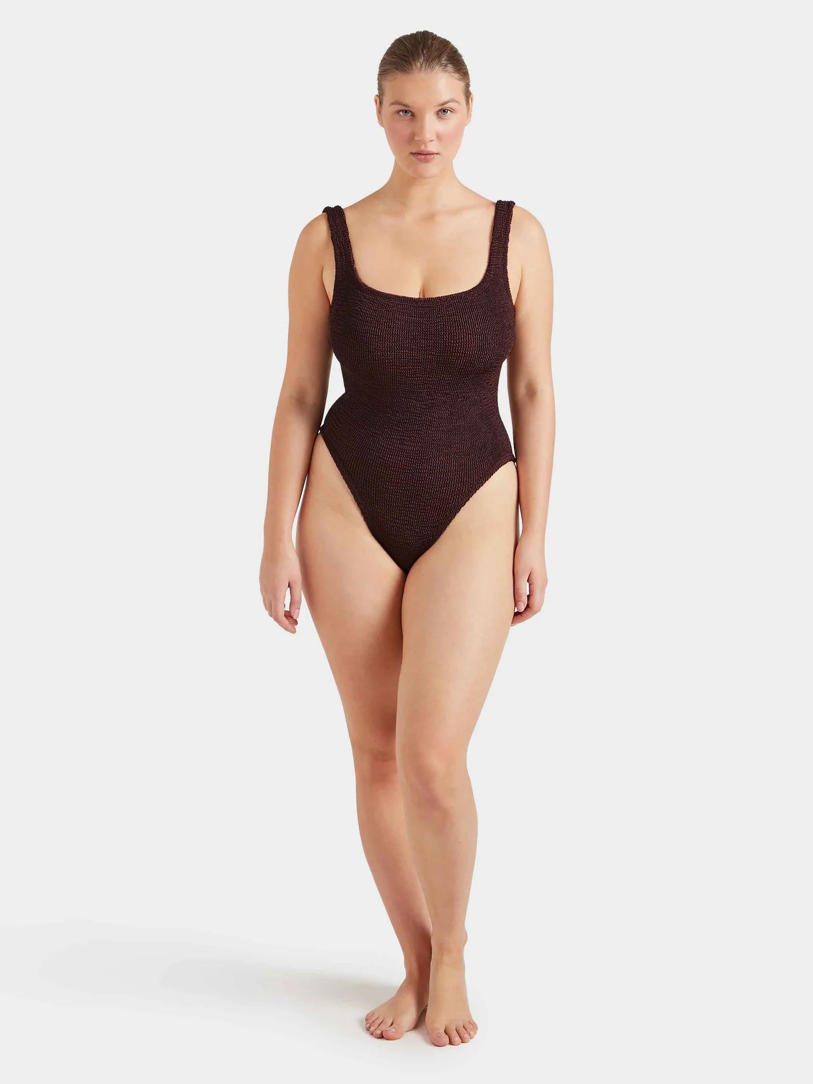 sqaure neck crinkle metallic chocolate swimsuit from hunza g model shot