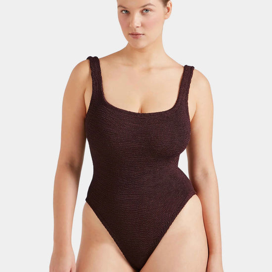 sqaure neck crinkle metallic chocolate swimsuit from hunza g model shot