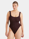 sqaure neck crinkle metallic chocolate swimsuit from hunza g model shot
