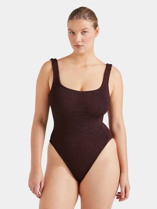 sqaure neck crinkle metallic chocolate swimsuit from hunza g model shot