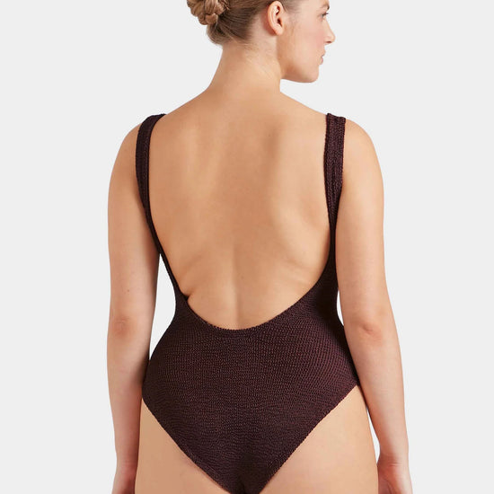 sqaure neck crinkle metallic chocolate swimsuit from hunza g rear view