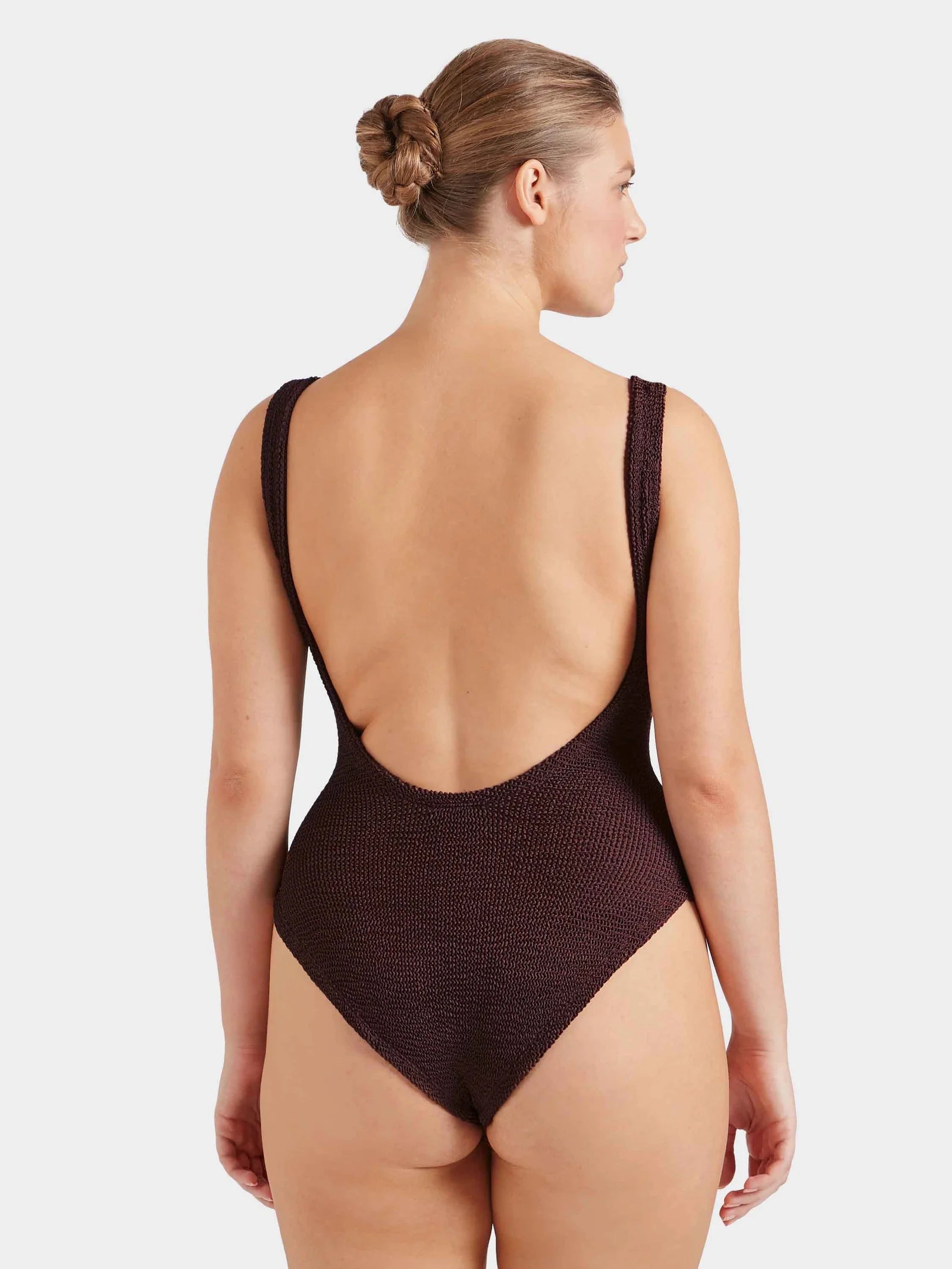sqaure neck crinkle metallic chocolate swimsuit from hunza g rear view