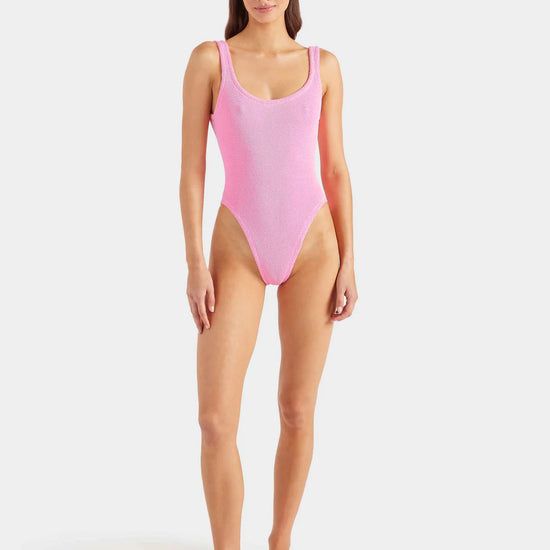 sqaure neck crinkle pink swimsuit from hunza g model shot