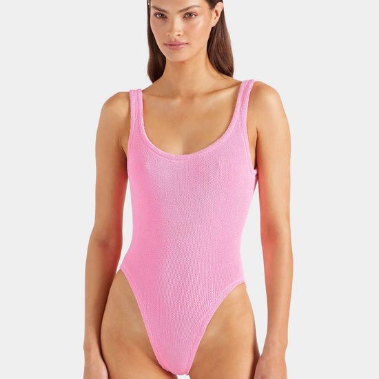 sqaure neck crinkle pink swimsuit from hunza g model shot
