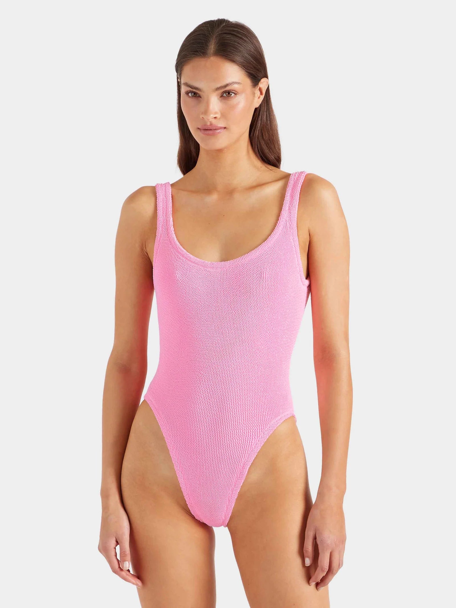 sqaure neck crinkle pink swimsuit from hunza g model shot