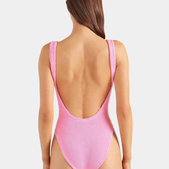 sqaure neck crinkle pink swimsuit from hunza g rear view
