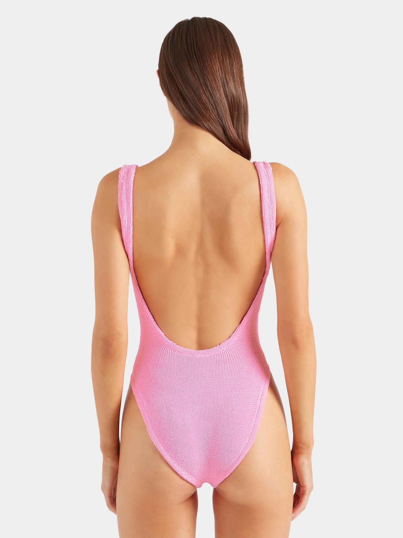 sqaure neck crinkle pink swimsuit from hunza g rear view