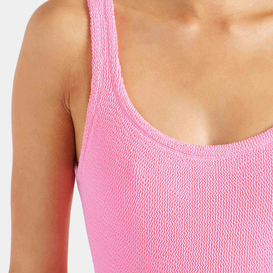 sqaure neck crinkle pink swimsuit from hunza g close up