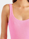 sqaure neck crinkle pink swimsuit from hunza g close up