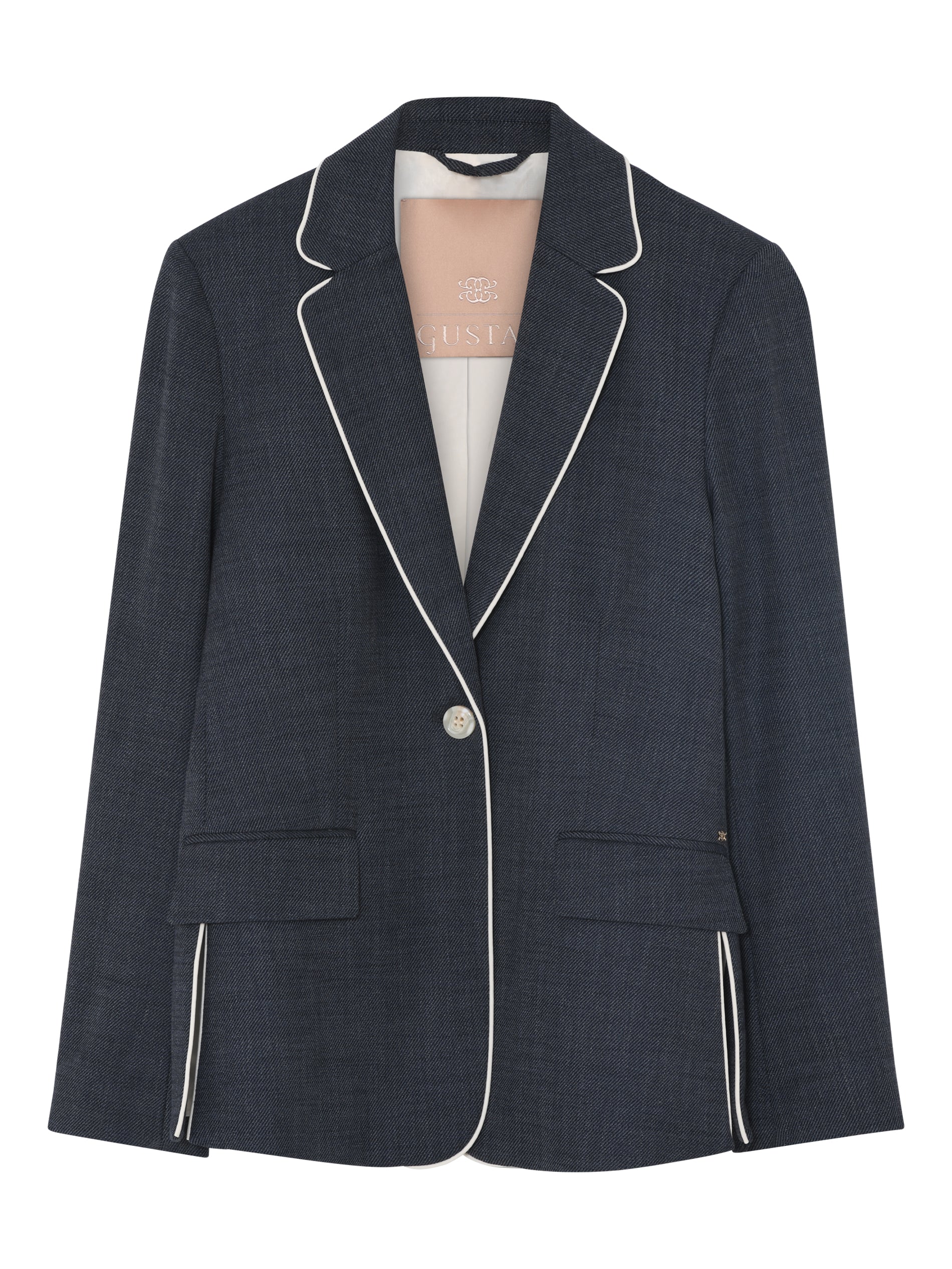 Navy single breasted blazer with white piped detail