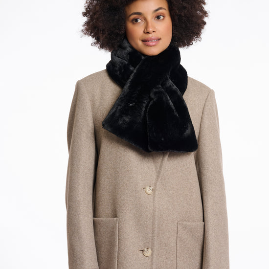 black faux fur long rectangular shaped scarf which can cross into itself model shot