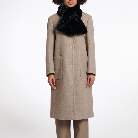 black faux fur long rectangular shaped scarf which can cross into itself model shot