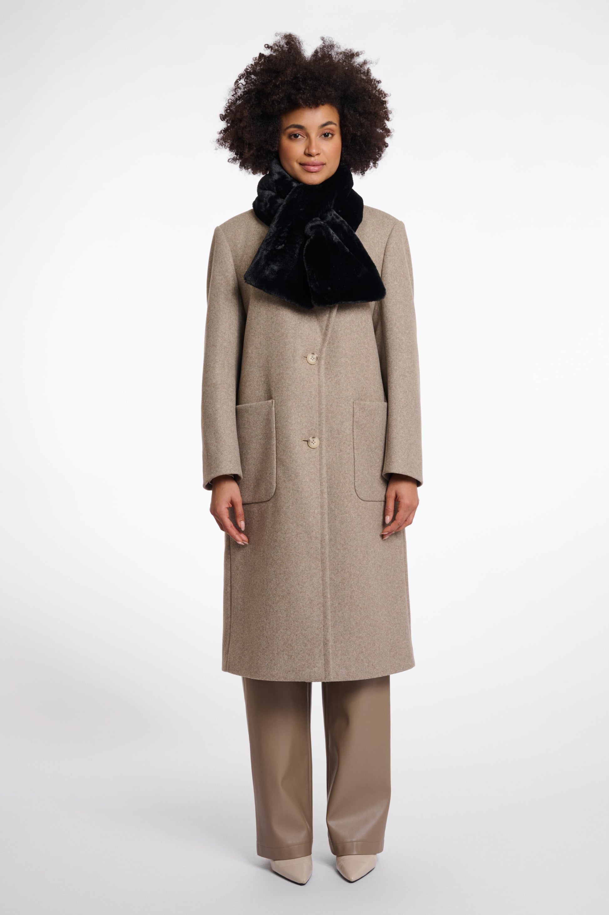 black faux fur long rectangular shaped scarf which can cross into itself model shot