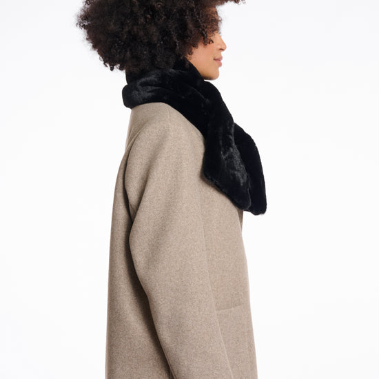 black faux fur long rectangular shaped scarf which can cross into itself side view 