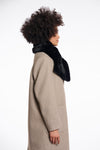 black faux fur long rectangular shaped scarf which can cross into itself side view 