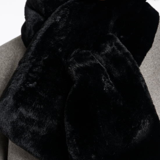 black faux fur long rectangular shaped scarf which can cross into itself