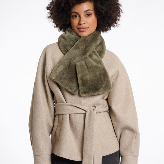 green long faux fur rectangular scarf with slit to enable to cross into itself