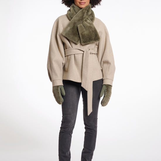 green long faux fur rectangular scarf with slit to enable to cross into itself