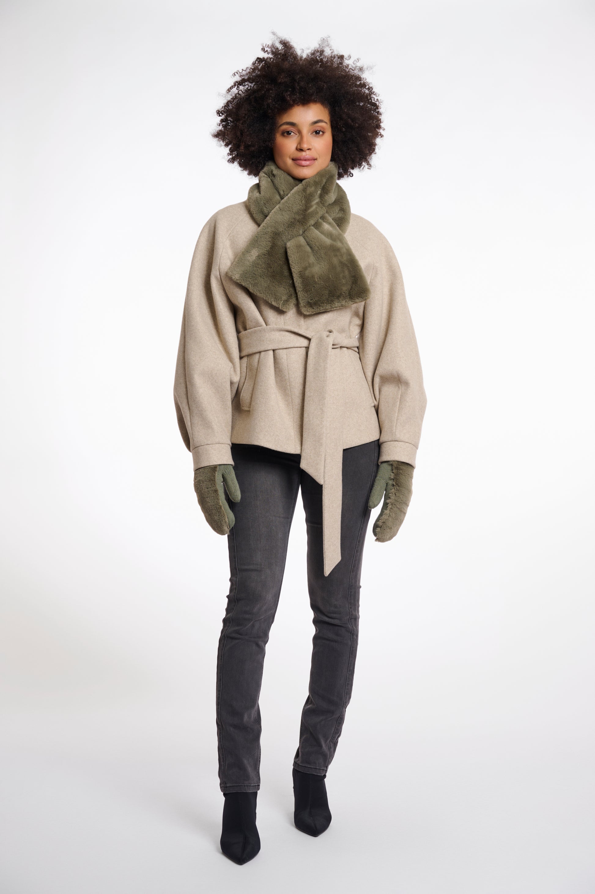 green long faux fur rectangular scarf with slit to enable to cross into itself