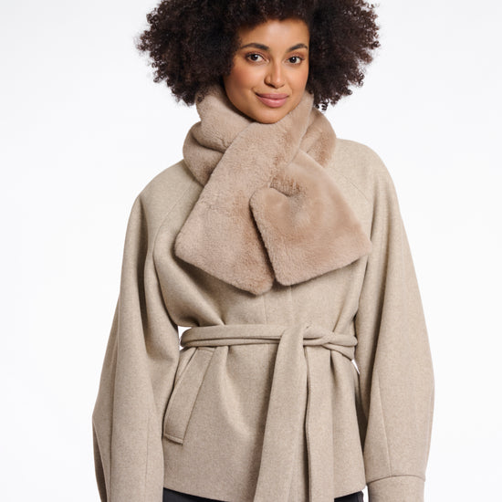 oat faux fur long rectangular scarf with slit to allow scarf to cross through