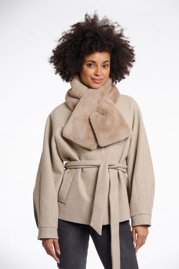 oat faux fur long rectangular scarf with slit to allow scarf to cross through