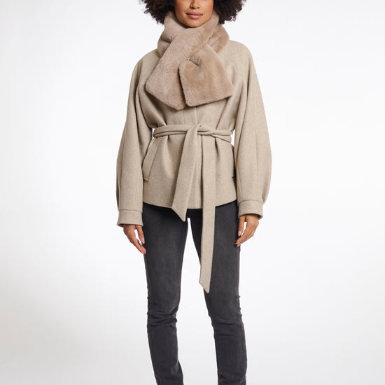 oat faux fur long rectangular scarf with slit to allow scarf to cross through model shot