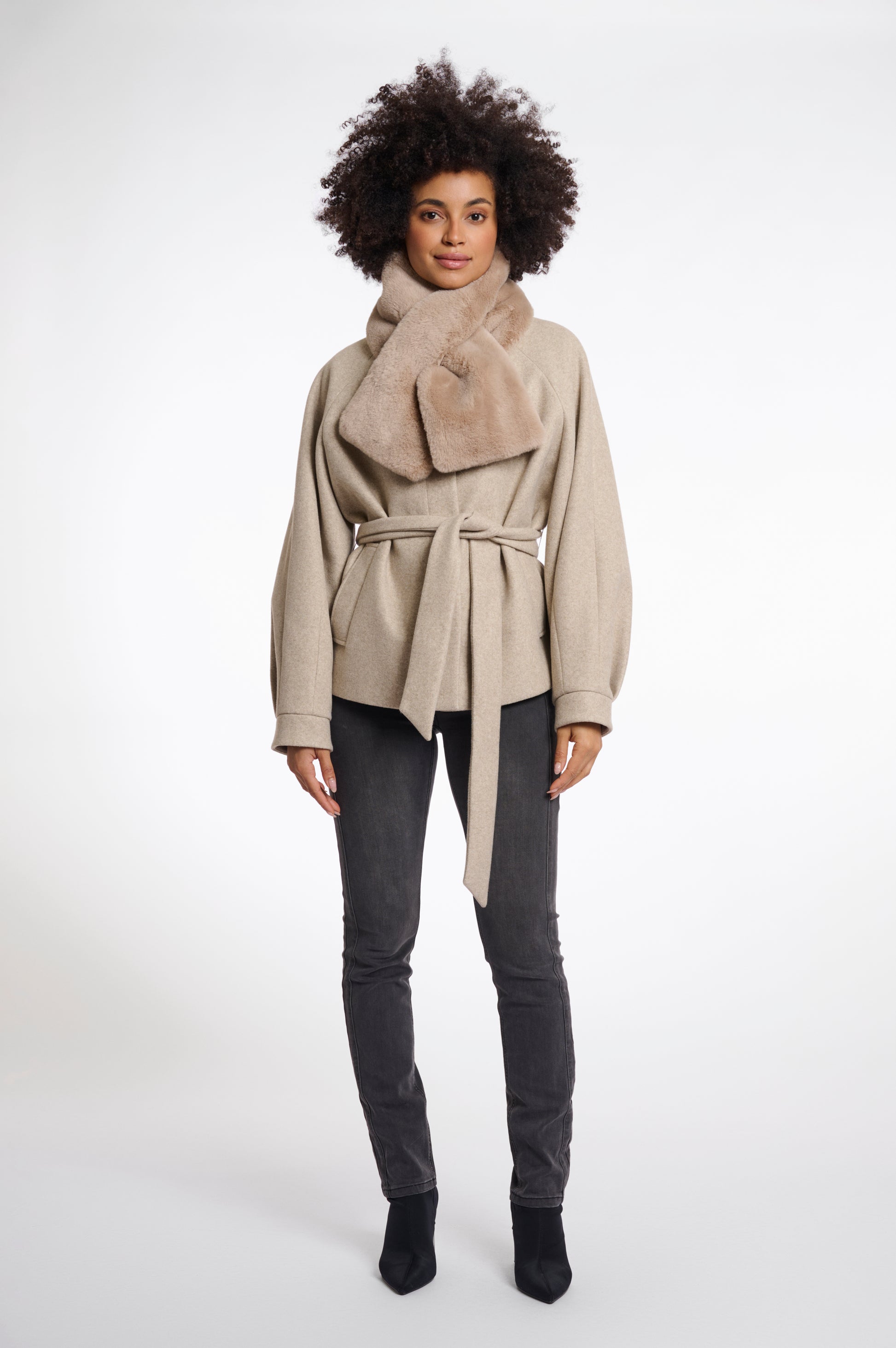 oat faux fur long rectangular scarf with slit to allow scarf to cross through model shot