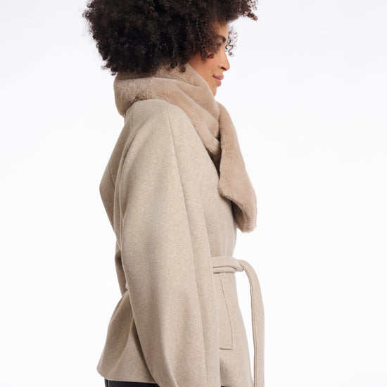 oat faux fur long rectangular scarf with slit to allow scarf to cross through side