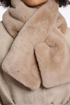 oat faux fur long rectangular scarf with slit to allow scarf to cross through close up