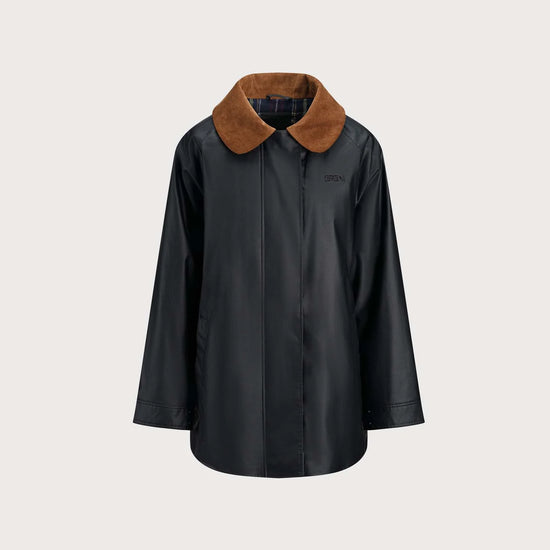 A black waterproof jacket with a contrasting brown suede collar, displayed on a neutral light gray background.