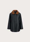 A black waterproof jacket with a contrasting brown suede collar, displayed on a neutral light gray background.