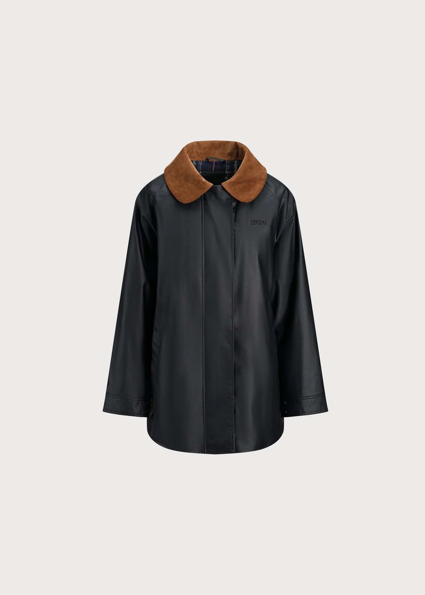 A black waterproof jacket with a contrasting brown suede collar, displayed on a neutral light gray background.