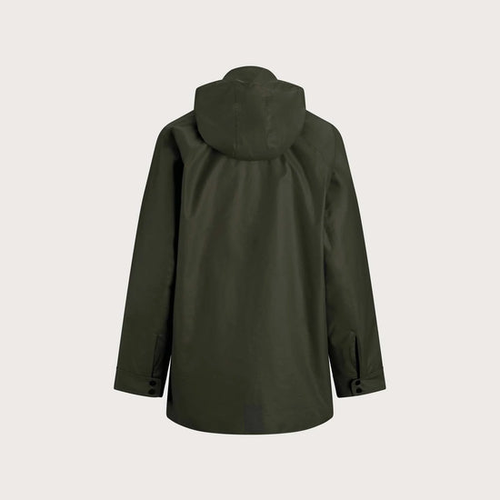 An olive green hooded rain jacket shown from the back, photographed against a solid light gray background.