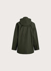 An olive green hooded rain jacket shown from the back, photographed against a solid light gray background.