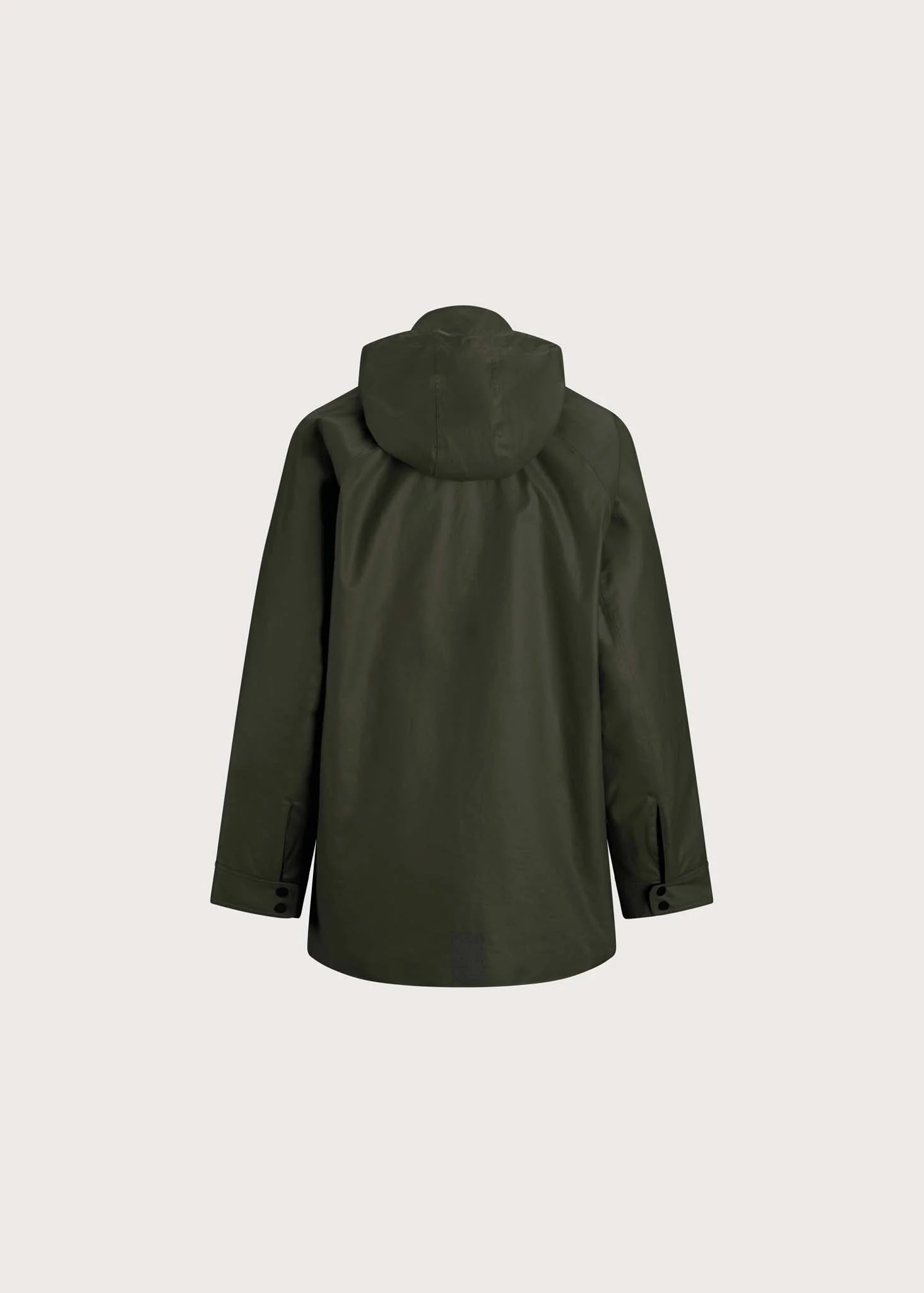 An olive green hooded rain jacket shown from the back, photographed against a solid light gray background.
