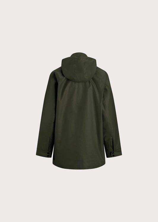 An olive green hooded rain jacket shown from the back, photographed against a solid light gray background.