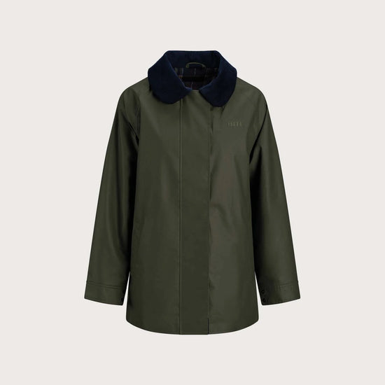 An olive green raincoat with a dark navy blue collar, displayed on a neutral light gray background.